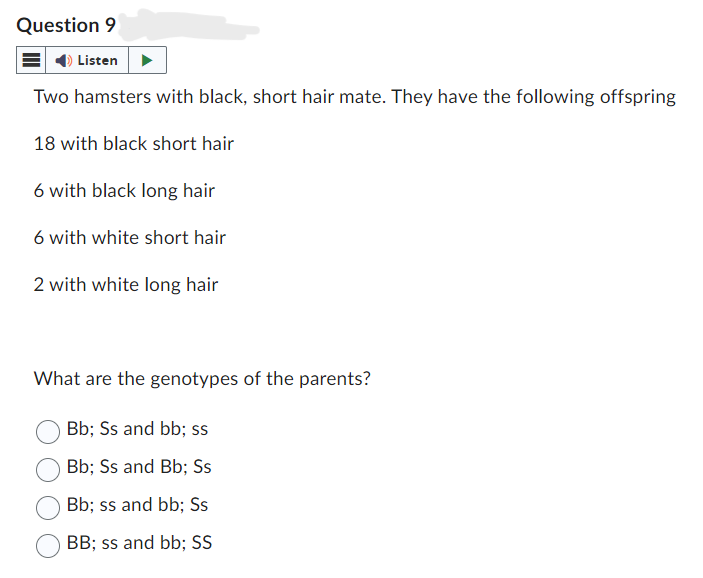 Question 9
Listen
Two hamsters with black, short hair mate. They have the following offspring
18 with black short hair
6 with black long hair
6 with white short hair
2 with white long hair
What are the genotypes of the parents?
Bb; Ss and bb; ss
Bb; Ss and Bb; Ss
Bb; ss and bb; Ss
BB; ss and bb; SS