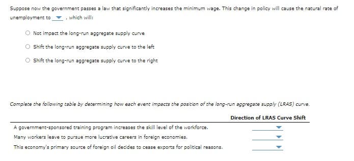 Suppose now the government passes a law that significantly increases the minimum wage. This change in policy will cause the natural rate of
unemployment to
, which will:
Not impact the long-run aggregate supply curve
Shift the long-run aggregate supply curve to the left
Shift the long-run aggregate supply curve to the right
Complete the following table by determining how each event impacts the position of the long-run aggregate supply (LRAS) curve.
Direction of LRAS Curve Shift
A government-sponsored training program increases the skill level of the workforce.
Many workers leave to pursue more lucrative careers in foreign economies.
This economy's primary source of foreign oil decides to cease exports for political reasons.