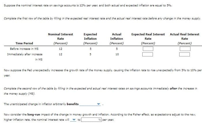 Suppose the nominal interest rate on savings accounts is 12% per year, and both actual and expected inflation are equal to 5%.
Complete the first row of the table by filling in the expected real interest rate and the actual real interest rate before any change in the money supply.
Time Period
Before increase in MS
Immediately after increase
in MS
Nominal Interest
Rate
(Percent)
12
12
Expected
Inflation
(Percent)
5
5
The unanticipated change in inflation arbitrarily benefits
Actual
Inflation
(Percent)
5
10
Expected Real Interest
Rate
(Percent)
Actual Real Interest
Rate
(Percent)
Now suppose the Fed unexpectedly increases the growth rate of the money supply, causing the inflation rate to rise unexpectedly from 5% to 10% per
year.
Complete the second row of the table by filling in the expected and actual real interest rates on savings accounts immediately after the increase in
the money supply (MS).
Now consider the long-run impact of the change in money growth and inflation. According to the Fisher effect, as expectations adjust to the new,
higher inflation rate, the nominal interest rate will to
% per year.