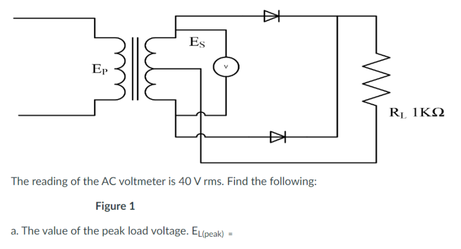Ep
Es
本
The reading of the AC voltmeter is 40 V rms. Find the following:
Figure 1
a. The value of the peak load voltage. EL(peak)
=
R, 1ΚΩ