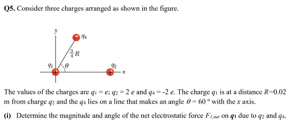 Q5. Consider three charges arranged as shown in the figure.
91
y
Ө
R
94
92
The values of the charges are q₁ = e; q2 = 2 e and q4 = -2 e. The charge qi is at a distance R=0.02
m from charge q2 and the 94 lies on a line that makes an angle = 60 ° with the x axis.
(i) Determine the magnitude and angle of the net electrostatic force F1,net on qı due to q2 and 94.