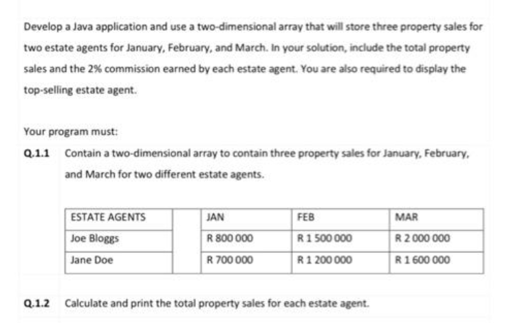 Develop a Java application and use a two-dimensional array that will store three property sales for
two estate agents for January, February, and March. In your solution, include the total property
sales and the 2% commission earned by each estate agent. You are also required to display the
top-selling estate agent.
Your program must:
Q.1.1 Contain a two-dimensional array to contain three property sales for January, February,
and March for two different estate agents.
ESTATE AGENTS
Joe Bloggs
Jane Doe
JAN
R 800 000
R 700 000
FEB
R 1 500 000
R1 200 000
Q.1.2 Calculate and print the total property sales for each estate agent.
MAR
R 2 000 000
R 1 600 000