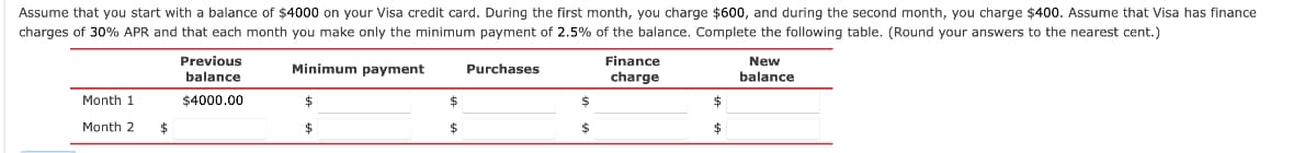 Assume that you start with a balance of $4000 on your Visa credit card. During the first month, you charge $600, and during the second month, you charge $400. Assume that Visa has finance
charges of 30% APR and that each month you make only the minimum payment of 2.5% of the balance. Complete the following table. (Round your answers to the nearest cent.)
Previous
Finance
New
Minimum payment
Purchases
balance
charge
balance
Month 1
$4000.00
Month 2
24
24
