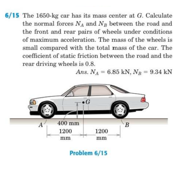 6/15 The 1650-kg car has its mass center at G. Calculate
the normal forces NA and NB between the road and
the front and rear pairs of wheels under conditions
of maximum acceleration. The mass of the wheels is
small compared with the total mass of the car. The
coefficient of static friction between the road and the
rear driving wheels is 0.8.
Ans. NA = 6.85 kN, NB = 9.34 kN
G
A
400 mm
B
1200
1200
mm
mm
Problem 6/15
