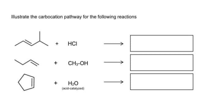 Illustrate the carbocation pathway for the following reactions
HCI
+
CH3-OH
H20
(acid-catalyzed)

