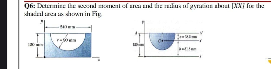 Q6: Determine the second moment of area and the radius of gyration about [XX] for the
shaded area as shown in Fig.
y
120 mm
240 mm
r=90 mm
A
120 mm
Co
a=38.2 mm
b=81.8 mm