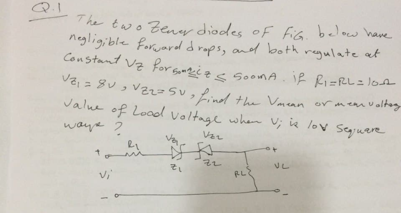 7he two Zener diodes of fis. below have
neglig;ble forward drops, and both regulate at
Constant Vz for
For Someiz<soomA. if Ri=RL=lost
VZi = 8U, Vzz=5V,Ld the Vmean or mear volray
Value of Load voltage when U; ie lov seguare
waye ?
Vzz
vi
RLS
