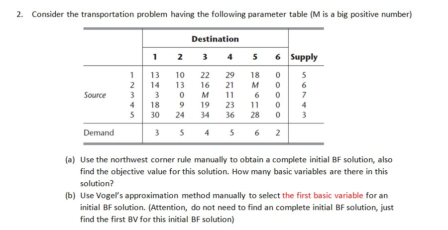 2. Consider the transportation problem having the following parameter table (M is a big positive number)
Source
Demand
1
12345
2
3
5
1 2 3
343800
13
14
4 18
3 0
130940
Destination
4
5
22 29 18
21 M
3 5
26M940
16
M 11
24 34
19 23 11
4
6 Supply
0
ooooo
0
6 0
0
36 28 0
5 6 2
56743
(a) Use the northwest corner rule manually to obtain a complete initial BF solution, also
find the objective value for this solution. How many basic variables are there in this
solution?
(b) Use Vogel's approximation method manually to select the first basic variable for an
initial BF solution. (Attention, do not need to find an complete initial BF solution, just
find the first BV for this initial BF solution)