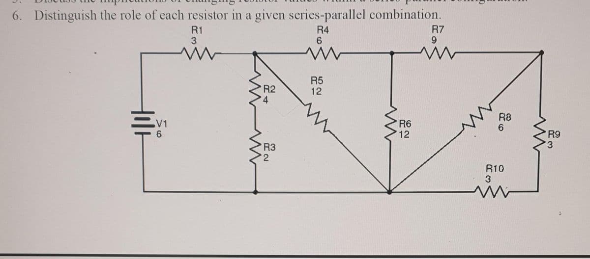 6. Distinguish the role of each resistor in a given series-parallel combination.
R4
6
V1
6
R1
3
www
M
R2
4
R3
2
R5
12
www
R6
12
R7
9
R8
R10
3
M
www
R9