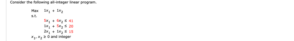 Consider the following all-integer linear program.
1x₁ + 1x₂
Max
s.t.
5x₁ + 6x₂ ≤ 41
1x₁ + 5x₂ ≤ 20
2x₁ + 1x₂ ≤ 15
X₁, X₂ ≥ 0 and integer