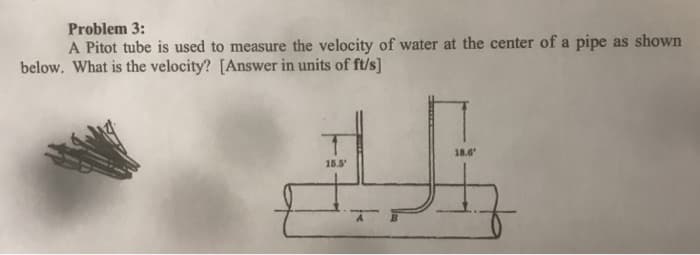 Problem 3:
A Pitot tube is used to measure the velocity of water at the center of a pipe as shown
below. What is the velocity? [Answer in units of ft/s]
18.6
15.5
