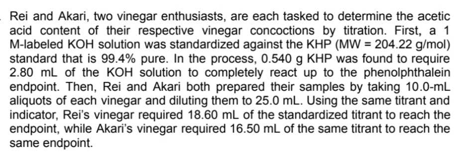 Rei and Akari, two vinegar enthusiasts, are each tasked to determine the acetic
acid content of their respective vinegar concoctions by titration. First, a 1
M-labeled KOH solution was standardized against the KHP (MW = 204.22 g/mol)
standard that is 99.4% pure. In the process, 0.540 g KHP was found to require
2.80 mL of the KOH solution to completely react up to the phenolphthalein
endpoint. Then, Rei and Akari both prepared their samples by taking 10.0-mL
aliquots of each vinegar and diluting them to 25.0 mL. Using the same titrant and
indicator, Rei's vinegar required 18.60 mL of the standardized titrant to reach the
endpoint, while Akari's vinegar required 16.50 mL of the same titrant to reach the
same endpoint.
