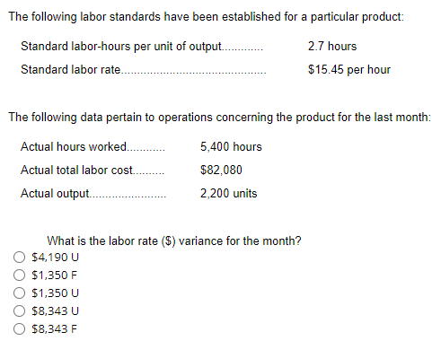 The following labor standards have been established for a particular product:
Standard labor-hours per unit of output.
2.7 hours
Standard labor rate..
$15.45 per hour
The following data pertain to operations concerning the product for the last month:
Actual hours worked..
5,400 hours
Actual total labor cost.
$82,080
Actual output.
2,200 units
What is the labor rate (S) variance for the month?
$4,190 U
$1,350 F
$1,350 U
$8,343 U
$8,343 F

