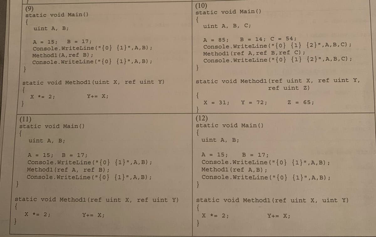 (9)
static void Main ()
(10)
static void Main()
uint A, B, C;
uint A, B;
B = 14; C = 54;
A = 15;
Console.WriteLine ("{0} {1}",A,B);
Methodl (A,ref B);
Console.WriteLine ("{0} {1}",A,B);
}
A = 85;
Console.WriteLine ("{0} {1} {2}",A,B,C);
Methodl (ref A,ref B,ref C);
Console.WriteLine ("{0} {1} {2}",A,B,C);
}
B = 17;
static void Methodl (uint X, ref uint Y)
{
X *= 2;
static void Methodl (ref uint x, ref uint Y,
ref uint Z)
{
X = 31;
Y+= X;
Y = 72;
Z = 65;
(11)
static void Main ()
(12)
static void Main ()
uint A, B;
uint A, B;
A = 15;
Console.WriteLine ("{0} {1}",A,B);
Method1 (ref A,B);
Console.WriteLine ("{0} {1}",A,B);
B = 17;
A = 15;
Console.WriteLine ("{0} {1}",A,B);
Methodl (ref A, ref B);
Console.WriteLine ("{0} {1}",A,B);
B = 17;
static void Methodl (ref uint X, ref uint Y)
static void Methodl (ref uint X, uint Y)
X * 2;
Y+= X;
X *= 2;
Y+= X;
