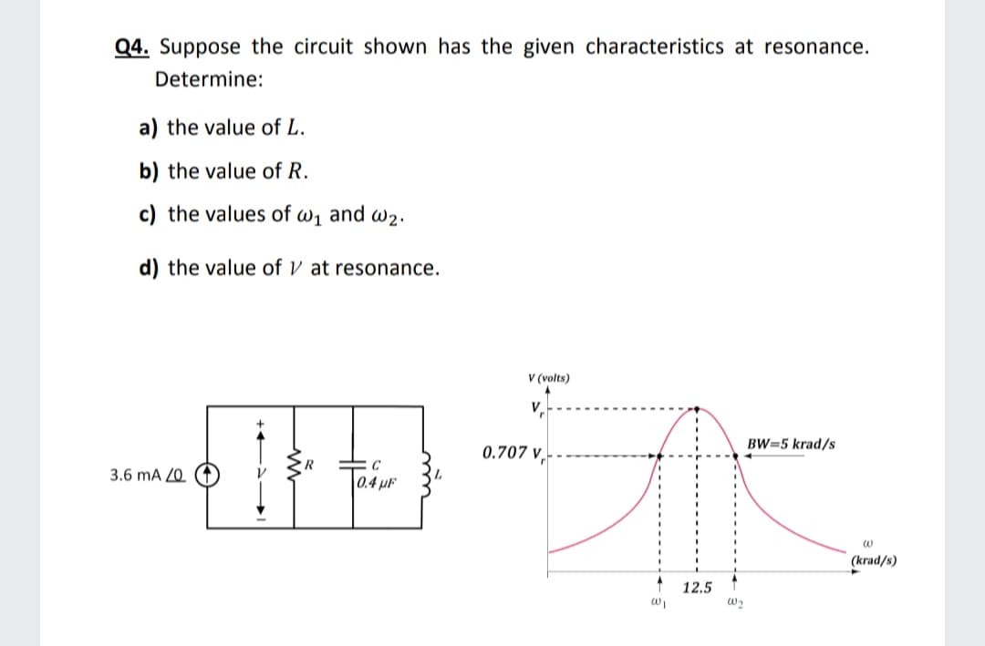 Q4. Suppose the circuit shown has the given characteristics at resonance.
Determine:
a) the value of L.
b) the value of R.
c) the values of w1
and
W2.
d) the value of V at resonance.
V (volts)
V,
BW=5 krad/s
0.707 v,
3.6 mA /0.
(krad/s)
12.5
