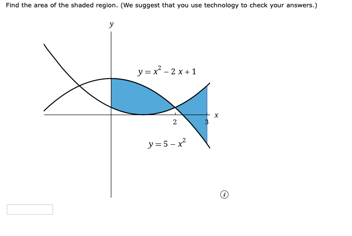 Find the area of the shaded region. (We suggest that you use technology to check your answers.)
y
y = x - 2 x + 1
+ x
2
y = 5 – x²
