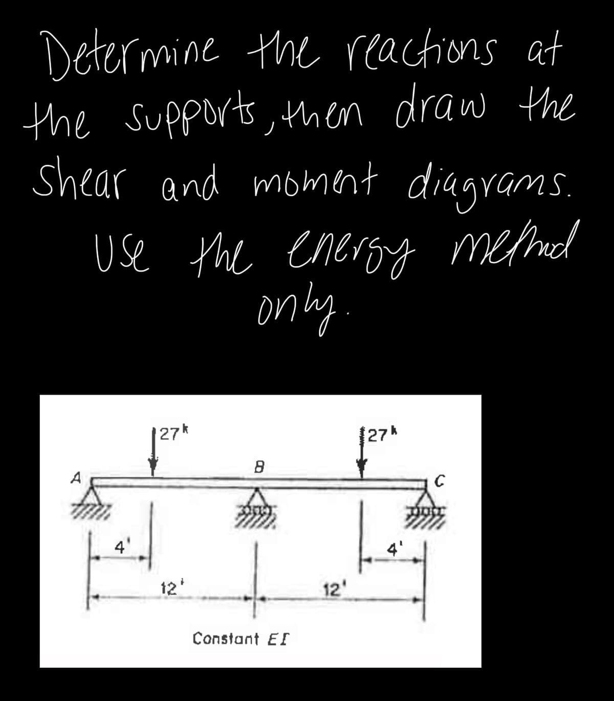 Determine the reactions at
the Supports, then draw the
shear and moment diagrams.
Use the energy metned
only.
27k
27h
4'
12'
12'
Constant EI
