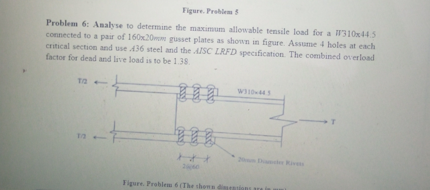 Figure. Problem 5
Problem 6: Analyse to determine the maximum allowable tensile load for a W310x44.5
connected to a pair of 160x20mm gusset plates as shown in figure. Assume 4 holes at each
critical section and use 436 steel and the AISC LRFD specification. The combined overload
factor for dead and live load is to be 1.38.
W310x44.5
T/2 -
20mm Diamcter Rivets
260
Figure. Problem 6 (The shown dimensions are in w
