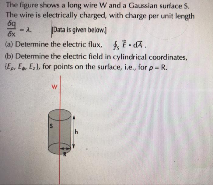 The figure shows a long wire W and a Gaussian surface S.
The wire is electrically charged, with charge per unit length
= A.
[Data is given below.]
(a) Determine the electric flux, $ È • dÀ .
(b) Determine the electric field in cylindrical coordinates,
{Ep, E, Ez), for points on the surface, i.e., for p = R.
IS
w/
