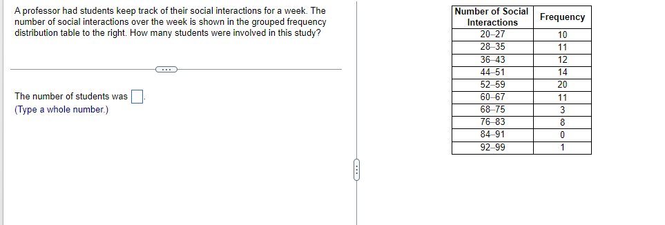A professor had students keep track of their social interactions for a week. The
number of social interactions over the week is shown in the grouped frequency
distribution table to the right. How many students were involved in this study?
The number of students was
(Type a whole number.)
Number of Social
Interactions
20-27
28-35
36-43
44-51
52-59
60-67
68-75
76-83
84-91
92-99
Frequency
10
11
12
14
20
11
3
8
0
1