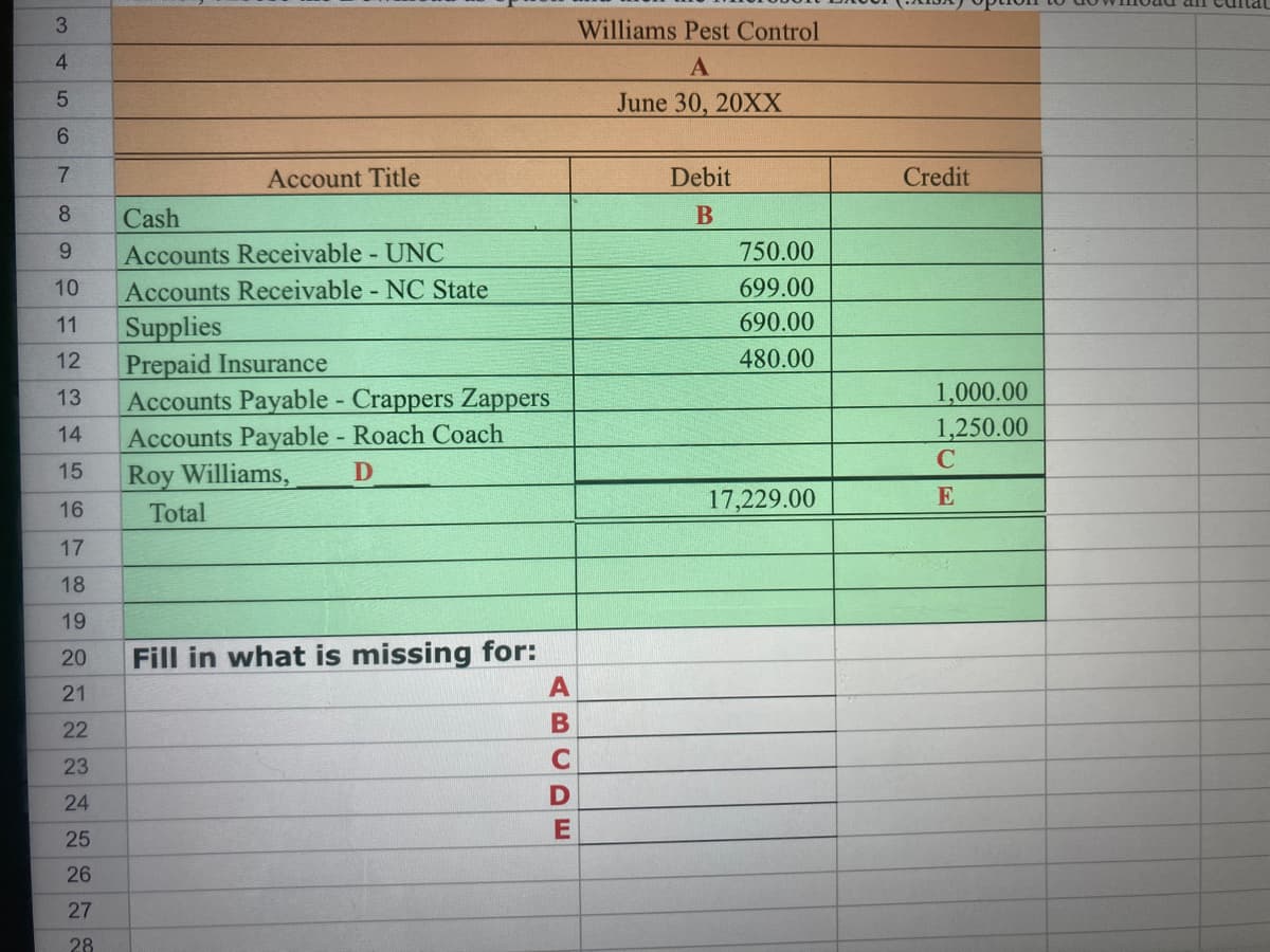 3
Williams Pest Control
June 30, 20XX
Account Title
Debit
Credit
8.
Cash
9.
Accounts Receivable UNC
750.00
10
Accounts Receivable NC State
699.00
11
Supplies
690.00
12
Prepaid Insurance
480.00
Accounts Payable - Crappers Zappers
1,000.00
1,250.00
13
14
Accounts Payable - Roach Coach
15
Roy Williams,
17,229.00
E
16
Total
17
18
19
20
Fill in what is missing for:
21
22
23
24
25
26
27
28
ABCDE
