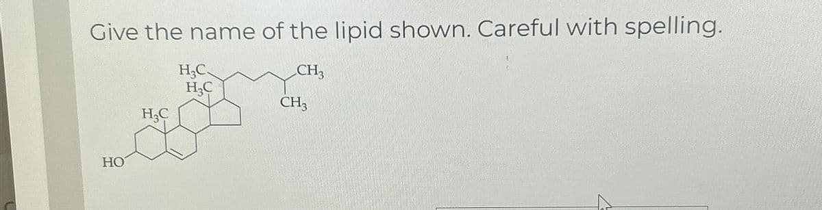 Give the name of the lipid shown. Careful with spelling.
H3C.
H3C
CH3
CH3
HO
H3C