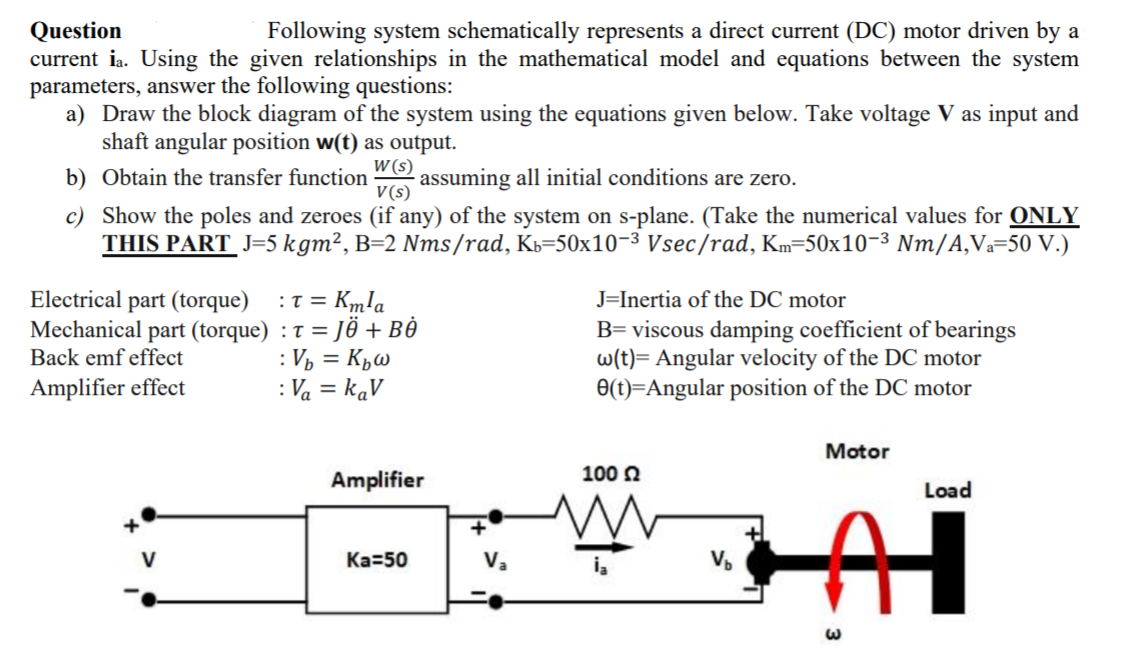 Question
current ia. Using the given relationships in the mathematical model and equations between the system
Following system schematically represents a direct current (DC) motor driven by a
parameters, answer the following questions:
a) Draw the block diagram of the system using the equations given below. Take voltage V as input and
shaft angular position w(t) as output.
W(s)
V(s)
b) Obtain the transfer function
assuming all initial conditions are zero.
c) Show the poles and zeroes (if any) of the system on s-plane. (Take the numerical values for ONLY
THIS PART J=5 kgm², B=2 Nms/rad, Kb=50x10-3 Vsec/rad, Km=50x10-3 Nm/A,Va=50 V.)
Electrical part (torque)
:T = Kmla
J=Inertia of the DC motor
Mechanical part (torque) :T =,
JÖ + BÒ
: Vp = Kpw
: Va = kaV
B= viscous damping coefficient of bearings
w(t)= Angular velocity of the DC motor
0(t)=Angular position of the DC motor
Back emf effect
Amplifier effect
Motor
100 2
Amplifier
Load
Ka=50
