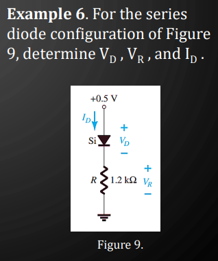 Example 6. For the series
diode configuration of Figure
9, determine V₁, VR, and ID.
+0.5 V
ID↓
Si
15+
R ' 1.2 kΩ VR
Figure 9.