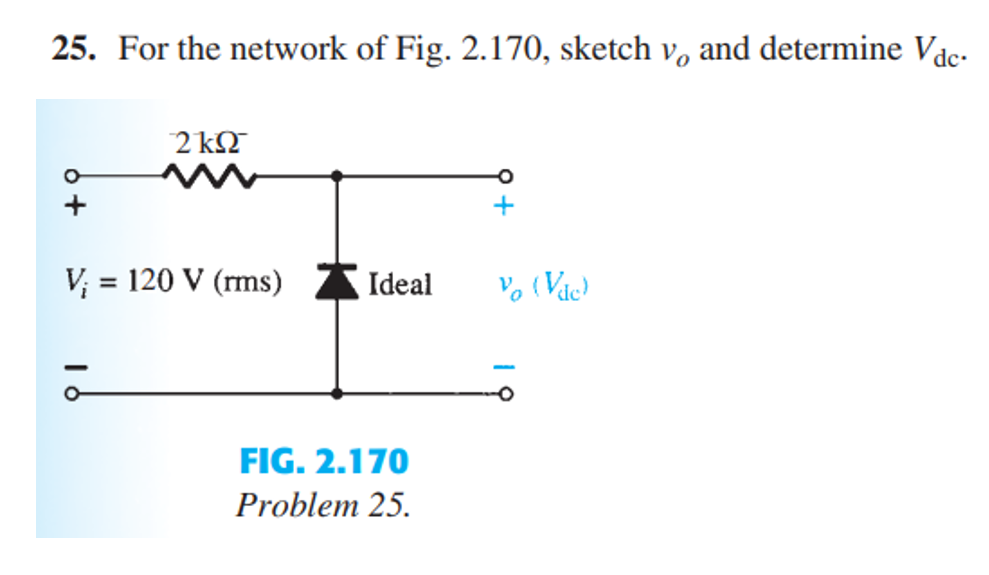 25. For the network of Fig. 2.170, sketch v, and determine Vdc.
2kQ2
V; = 120 V (rms)
Ideal
FIG. 2.170
Problem 25.
+
Yo (Vic)