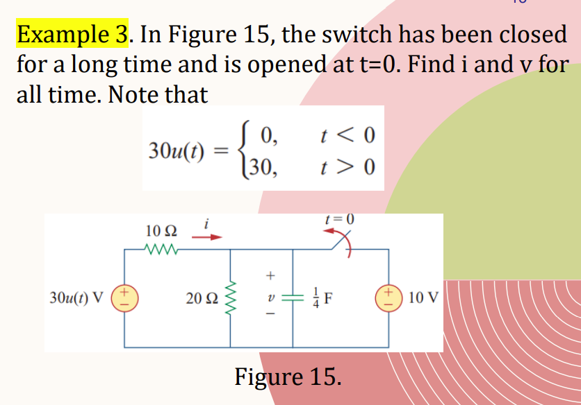 Example 3. In Figure 15, the switch has been closed
for a long time and is opened at t=0. Find i and v for
all time. Note that
30u(t) V
30u(t) =
10 92
www
20 92
J 0,
30,
www
+ PI
HF
114
t < 0
t> 0
t=0
F
Figure 15.
(+1
10 V