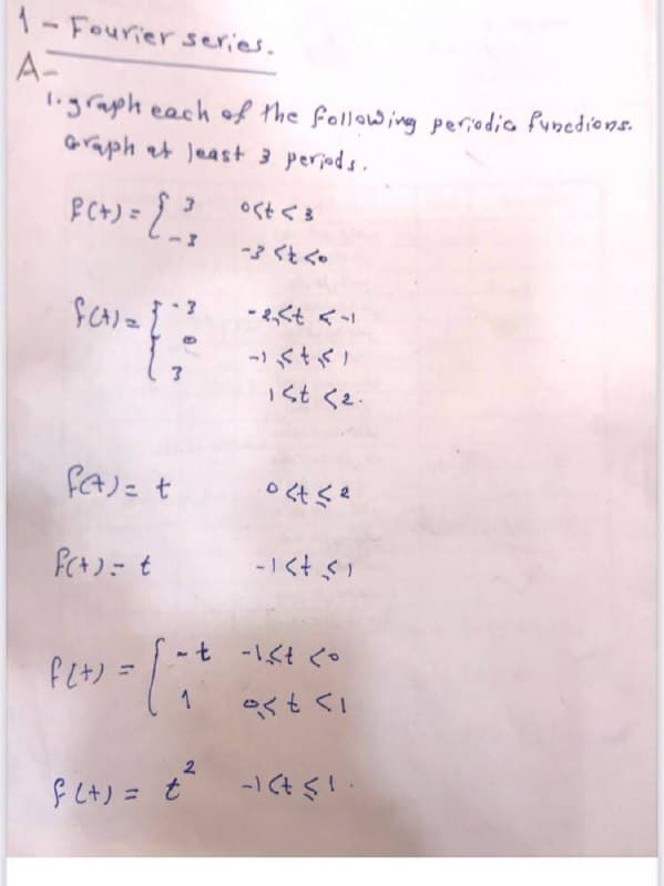 1-Fourier series.
A-
graph each of the following periodic functions.
Graph at least 3 periods.
P(+) = {², 0<t <3
-3 <t <0
SCHI = [ ²²
f(t) = t
f(+) = t
- t
f(+) = 1 = ²
1
f(t)= t
2
-24451
-۱ ۲۲ ۲۱
1st <2.
04+ ≤²
-1 <+ $1
-1<t <0
-1 (+ 51