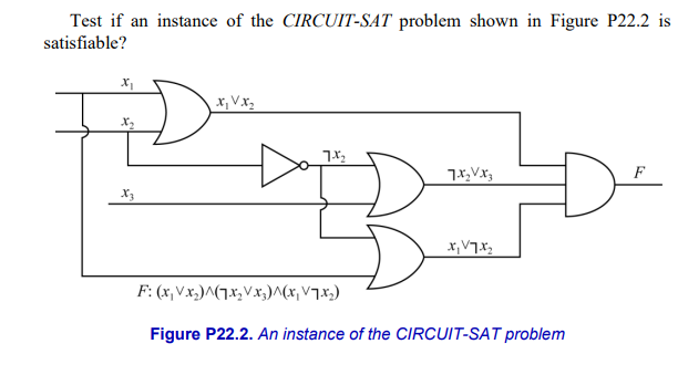 Test if an instance of the CIRCUIT-SAT problem shown in Figure P22.2 is
satisfiable?
X₁
x₁ V x₂
7.x₂
7.X2Vx3
x17x₂
F: (x₁Vx₂)^(1x₂x3)^(x₂7x₂)
Figure P22.2. An instance of the CIRCUIT-SAT problem