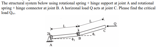 The structural system below using rotational spring + hinge support at joint A and rotational
spring + hinge connector at joint B. A horizonal load Q acts at joint C. Please find the critical
load Qer.
2k
B
L