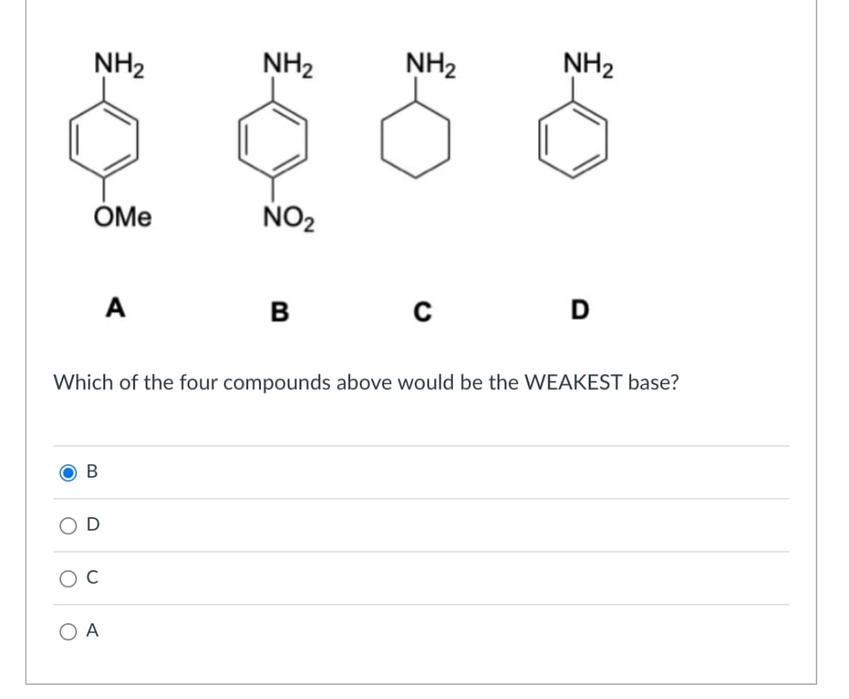 NH2
NH2
NH₂
NH2
OMe
NO2
A
B
C
D
Which of the four compounds above would be the WEAKEST base?
B
U
О А