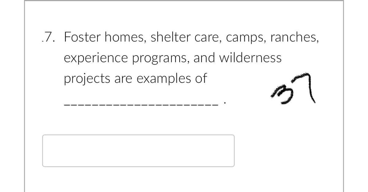 7. Foster homes, shelter care, camps, ranches,
experience programs, and wilderness
projects are examples of
37