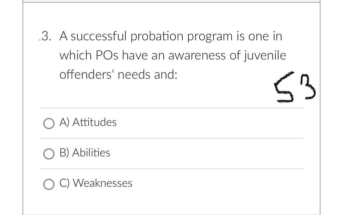 .3. A successful probation program is one in
which POs have an awareness of juvenile
offenders' needs and:
OA) Attitudes
O B) Abilities
OC) Weaknesses
53