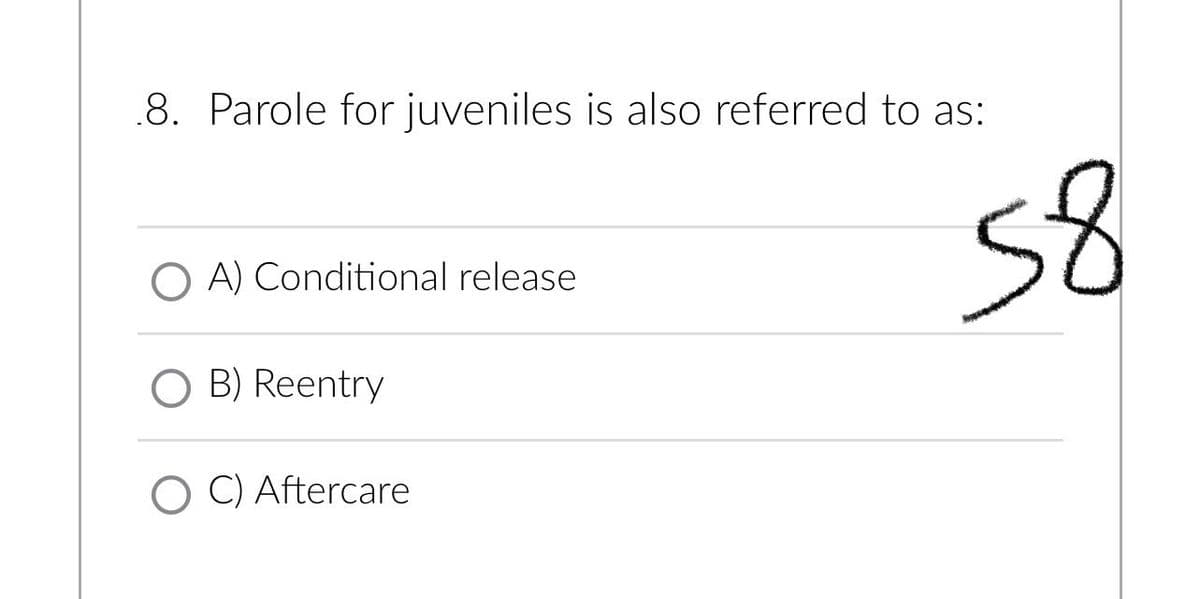 .8. Parole for juveniles is also referred to as:
O A) Conditional release
O B) Reentry
OC) Aftercare
58