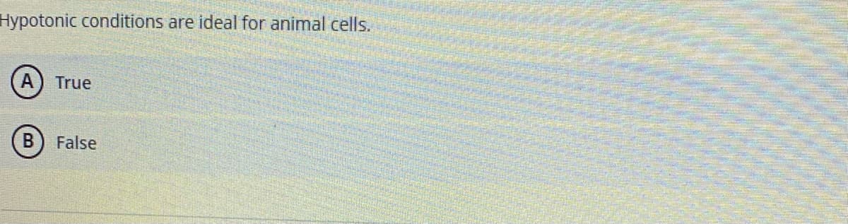 Hypotonic conditions are ideal for animal cells.
True
False
