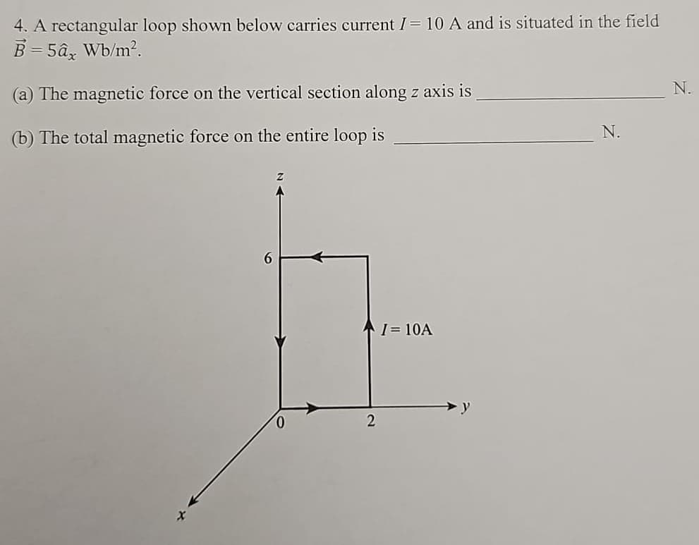 4. A rectangular loop shown below carries current I= 10 A and is situated in the field
B=5âx Wb/m².
(a) The magnetic force on the vertical section along z axis is
(b) The total magnetic force on the entire loop is
N.
N.
6
0
2
I = 10A