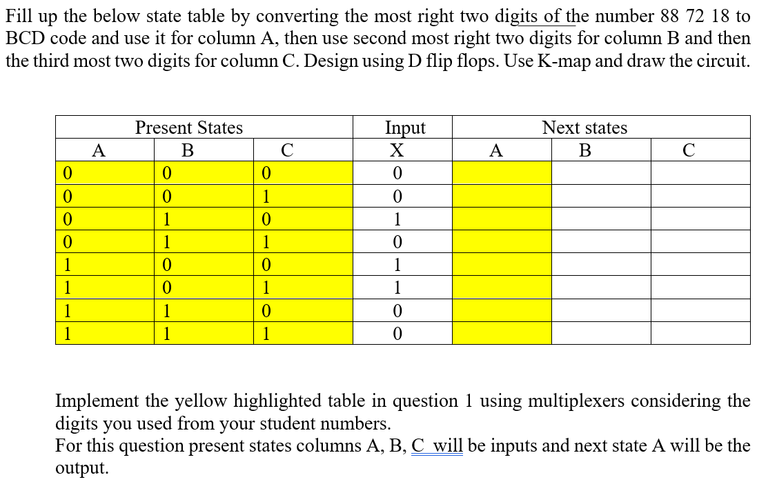 Fill up the below state table by converting the most right two digits of the number 88 72 18 to
BCD code and use it for column A, then use second most right two digits for column B and then
the third most two digits for column C. Design using D flip flops. Use K-map and draw the circuit.
Present States
Input
Next states
A
B
C
X
A
B
C
0
0
0
0
0
0
1
0
0
1
0
1
0
1
1
0
1
0
0
1
1
0
1
1
1
1
0
0
1
1
1
0
Implement the yellow highlighted table in question 1 using multiplexers considering the
digits you used from your student numbers.
For this question present states columns A, B, C will be inputs and next state A will be the
output.