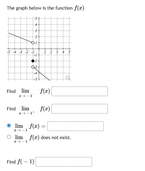 The graph below is the function f(x)
-4 -3 -2 -1
Find lim
3
2
01
I-1
4
-2
-4
Find lim
24-1+
1 2
Find f(-1)
f(x)
f(x)
lim f(x)=
=
2-1
3 4
lim f(x) does not exist.
→ 1