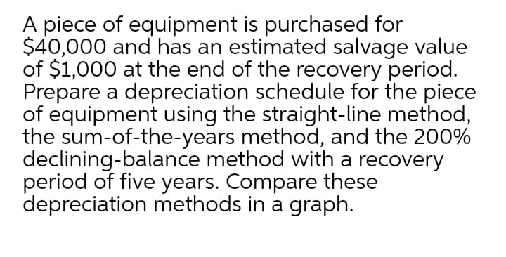 A piece of equipment is purchased for
$40,000 and has an estimated salvage value
of $1,000 at the end of the recovery period.
Prepare a depreciation schedule for the piece
of equipment using the straight-line method,
the sum-of-the-years method, and the 200%
declining-balance method with a recovery
period of five years. Compare these
depreciation methods in a graph.
