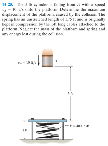 14-25. The 5-lb cylinder is falling from A with a speed
VA = 10 ft/s onto the platform. Determine the maximum
displacement of the platform, caused by the collision. The
spring has an unstretched length of 1.75 ft and is originally
kept in compression by the 1-ft long cables attached to the
platform. Neglect the mass of the platform and spring and
any energy lost during the collision.
VA = 10 ft/s
3 ft
k= 400 lb/ft
1 ft
