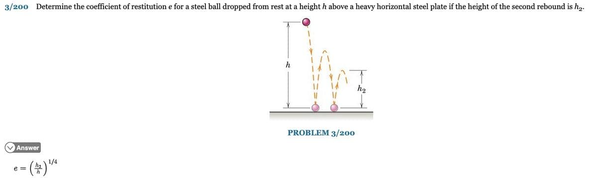 3/200 Determine the coefficient of restitution e for a steel ball dropped from rest at a height h above a heavy horizontal steel plate if the height of the second rebound is h₂.
✓Answer
1/4
= (1/2) ¹/²
e =
h
PROBLEM 3/200
h₂