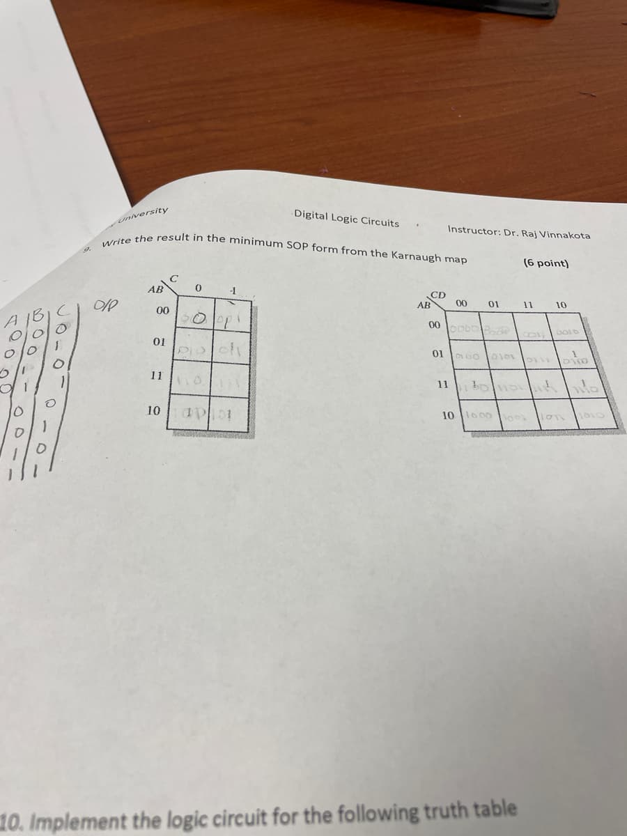 Write the result in the minimum SOP form from the Karnaugh map
Digital Logic Circuits
University
Instructor: Dr. Raj Vinnakota
(6 point)
AB
-1
CD
AB
00
01
11
10
00
A
01
01
11
11
bolno
10
10 1600 o
10. Implement the logic circuit for the following truth table
