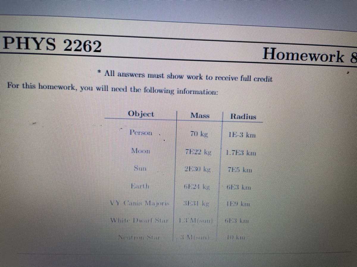 PHYS 2262
Homework &
* All answers must show work to reccive full credit
For this homework, you will need the following information:
Object
Mass
Radius
Person
70 kg
TE 3 km
Moon
71:22 kg
1.7E3 km
Sun
2E30 kg
755 km
GE21 kg
CGER Km
VY Canis Najoris
BE3 kg
TE kru
White Dwarl Str
13 Misun)
GER kni
Naatron Slr
