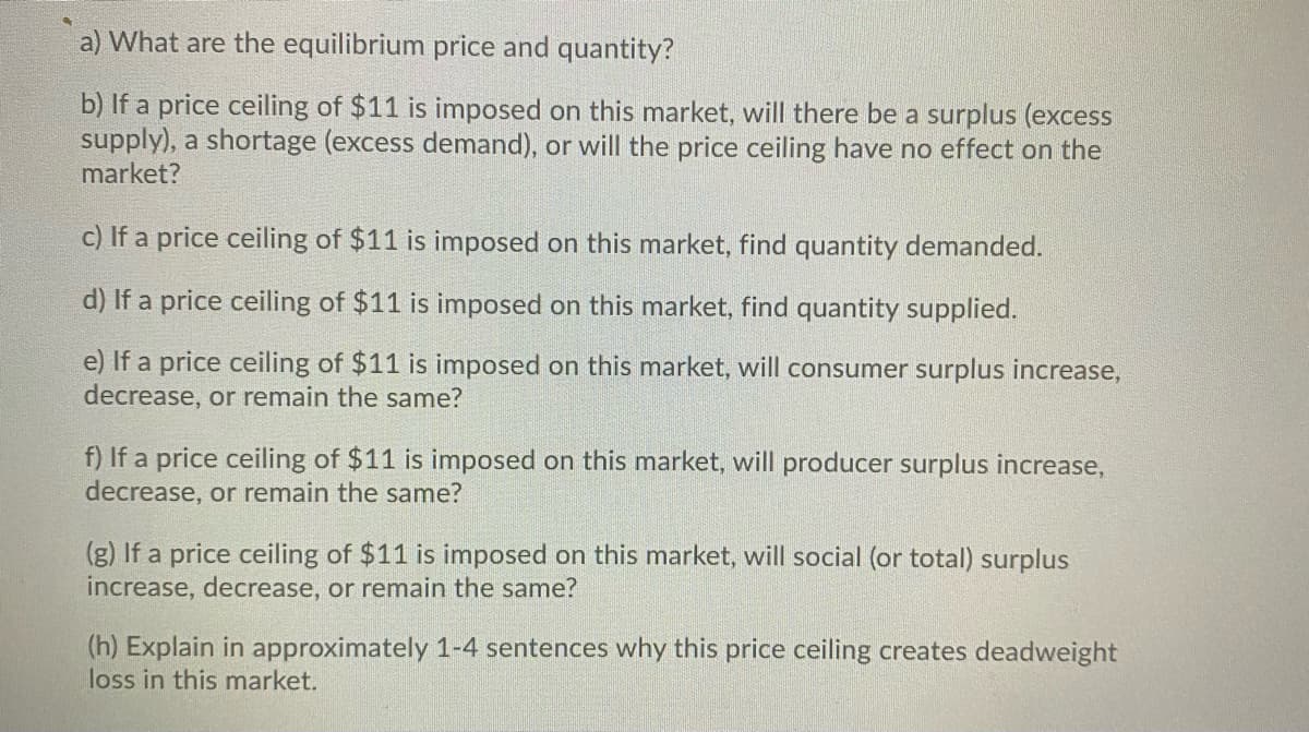 a) What are the equilibrium price and quantity?
b) If a price ceiling of $11 is imposed on this market, will there be a surplus (excess
supply), a shortage (excess demand), or will the price ceiling have no effect on the
market?
c) If a price ceiling of $11 is imposed on this market, find quantity demanded.
d) If a price ceiling of $11 is imposed on this market, find quantity supplied.
e) If a price ceiling of $11 is imposed on this market, will consumer surplus increase,
decrease, or remain the same?
f) If a price ceiling of $11 is imposed on this market, will producer surplus increase,
decrease, or remain the same?
(g) If a price ceiling of $11 is imposed on this market, will social (or total) surplus
increase, decrease, or remain the same?
(h) Explain in approximately 1-4 sentences why this price ceiling creates deadweight
loss in this market.
