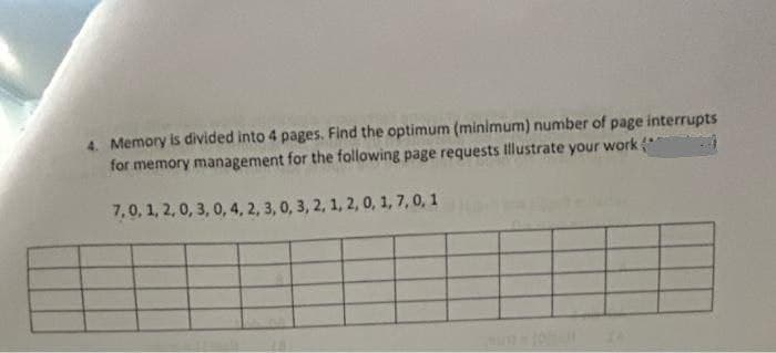 4. Memory is divided into 4 pages. Find the optimum (minimum) number of page interrupts
for memory management for the following page requests Illustrate your work
7,0, 1, 2, 0, 3, 0, 4, 2, 3, 0, 3, 2, 1, 2, 0, 1, 7, 0, 1