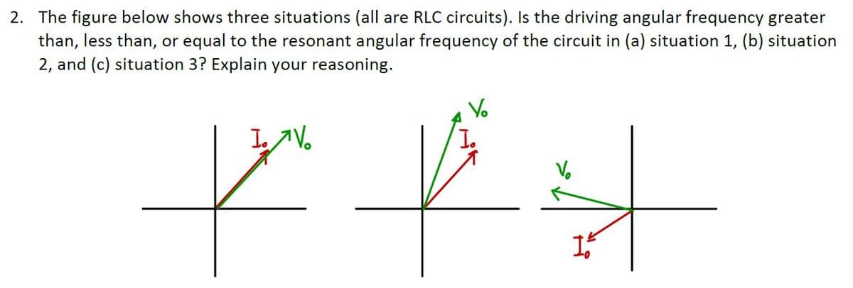 2. The figure below shows three situations (all are RLC circuits). Is the driving angular frequency greater
than, less than, or equal to the resonant angular frequency of the circuit in (a) situation 1, (b) situation
2, and (c) situation 3? Explain your reasoning.
V.
Vo
