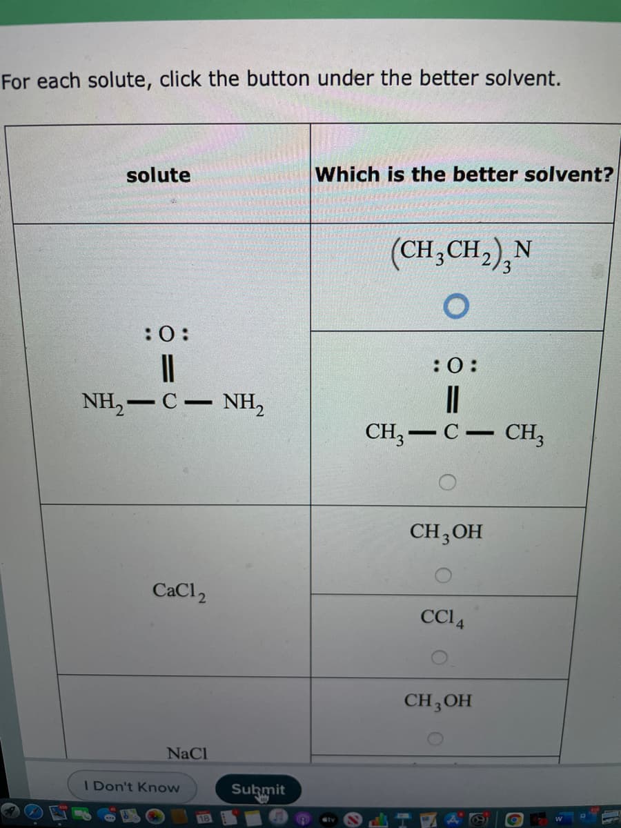 For each solute, click the button under the better solvent.
solute
Which is the better solvent?
(CH,CH,),N
:0:
:0:
NH — С — Nн,
CH,-C CH,
CH;OH
CaCl2
CCI4
CH,OH
NaCl
I Don't Know
Submit
